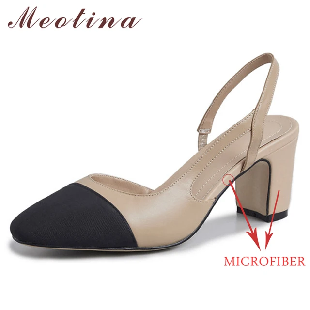 Meotina Low Heels Real Leather Slingbacks Shoes Women Square Toe Pumps Thick Heel Shoes Brand Design Lady Footwear 2021 Size 40 6