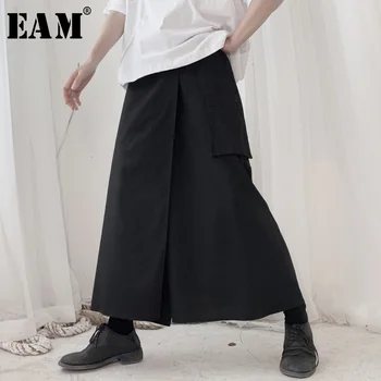 

[EAM] High Elastic Waist Black Leisure Linen Wide Leg Trousers New Loose Fit Pants Women Fashion Tide Spring Autumn 2020 19A-a61
