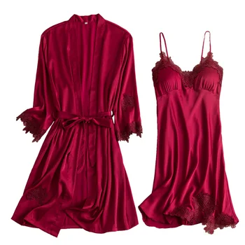 

Burgundy Nightwear Women 2pcs Sleepwear Kimono Robe Soft Sleep Set Spring Intimate Lingerie Lace Homewear Night Wear Bathrobe