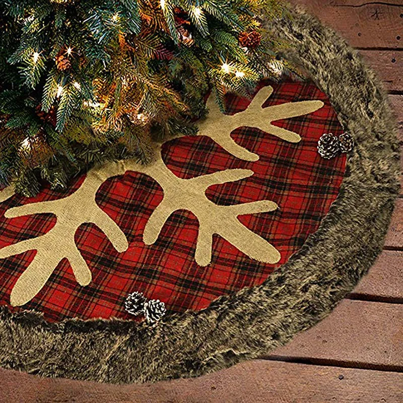Christmas Tree Skirt 36 Inches Large Burlap Plaid Snowflake with Thick Faux Fur Edge Skirt Rustic Xmas Tree Holiday Decorations