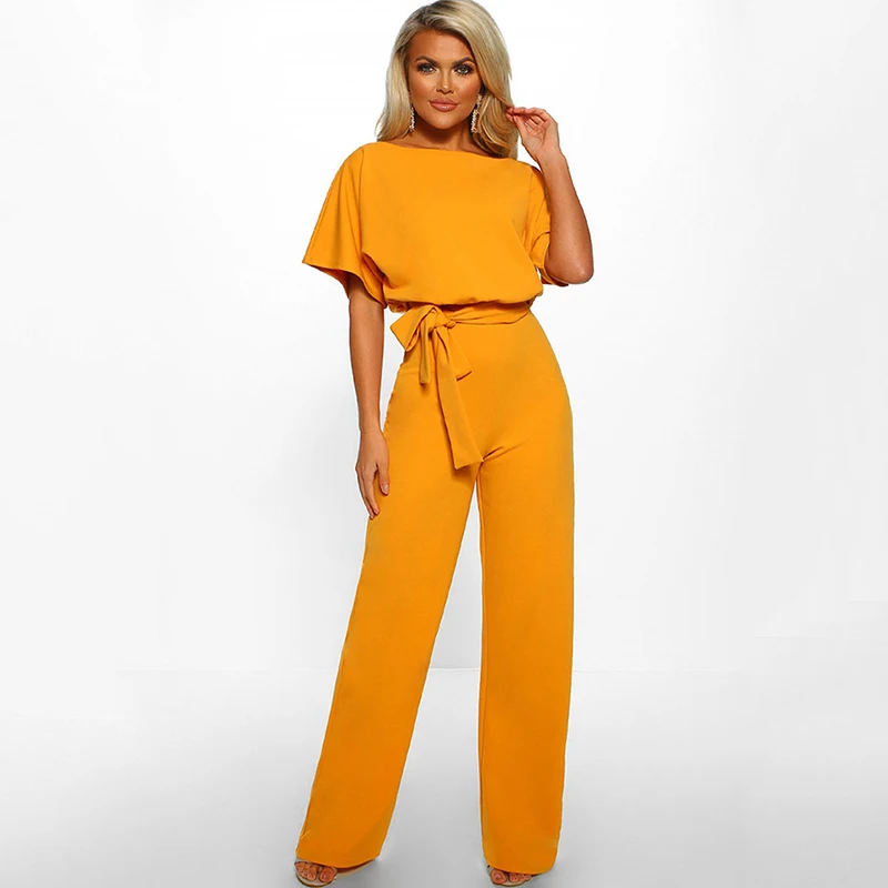 

Lace Up Sashes Jumpsuit Rompers New Work Office Women Jumpsuit 2020 Spring Summer Fashion Sexy Overall Loose Solid Long Jumpsuit