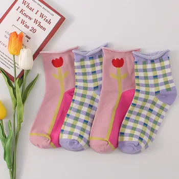 

Crew Socks Kawaii Women Cotton Woman Sock Flower Sox Striped Pink Thin Cartoon Striped Ladies Summer Classic Calcetines Hombre