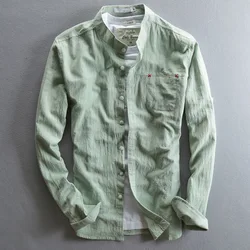 Men's Spring Japan Style Harajuku Linen Cotton Stand Collar Long Sleeve Slim Fit Solid Color Male Casual Classical Shirt Cloth Men's Spring Japan Style Harajuku Linen Cotton Stand Collar Long Sleeve Slim Fit Solid Color Male Casual Classical Shirt Cloth
