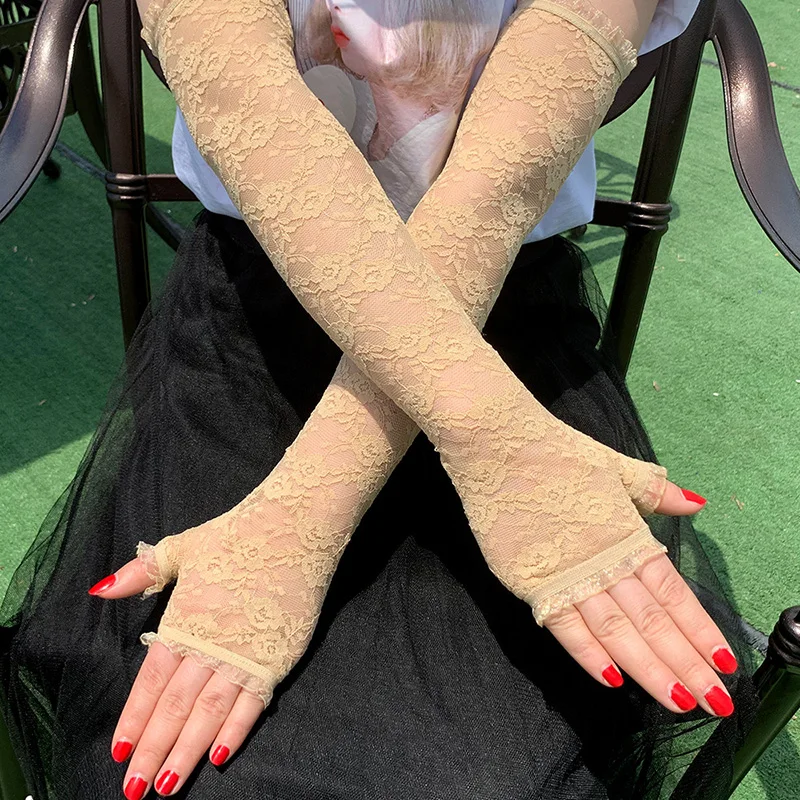 Women Summer Arm Sleeves Gloves Sexy Lace Flowers Gloves Fingerless Mittens Covered Scar Elastic Sleeve Driving Sunscreen Gloves