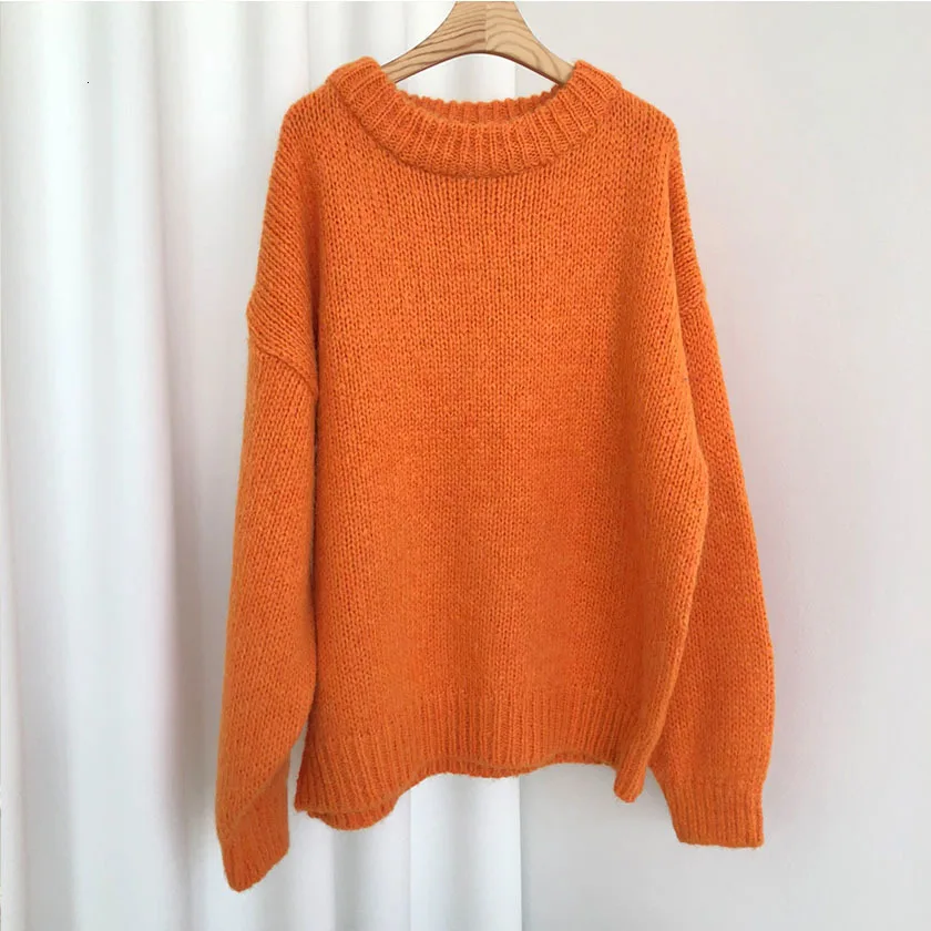 Orange Sweater Женская теплая зимняя одежда однотонный яркий свитер летучая мышь рукав вязаный толстый джемпер Свободный Повседневный Топ уличная одежда - Цвет: Orange Sweater