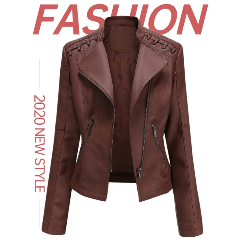 

KAMUCC New Women Autumn Winter Black Leather Jackets Zipper Basic Coat Turn-down Collar Motor Biker Jacket Motorcycle Clothing