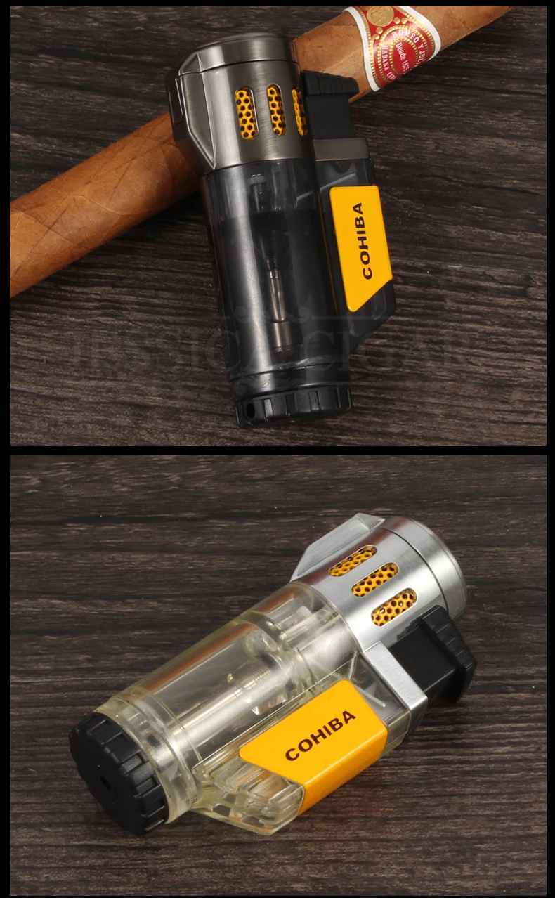COHIBA пластиковые зажигалки бутан карманные ветрозащитные зажигалки для сигар фонарь 3 струйный газовый прикуриватель металлический портативный W/Подарочная коробка