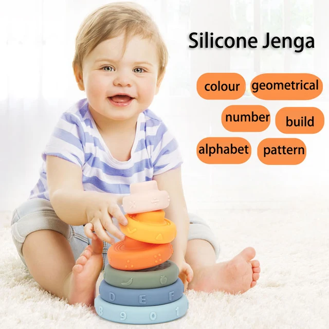 Montessori Rainbow Stack Tower Games Baby Silicone Teether Early Development Game Bathtub Soft Building Block Toys For Children 2