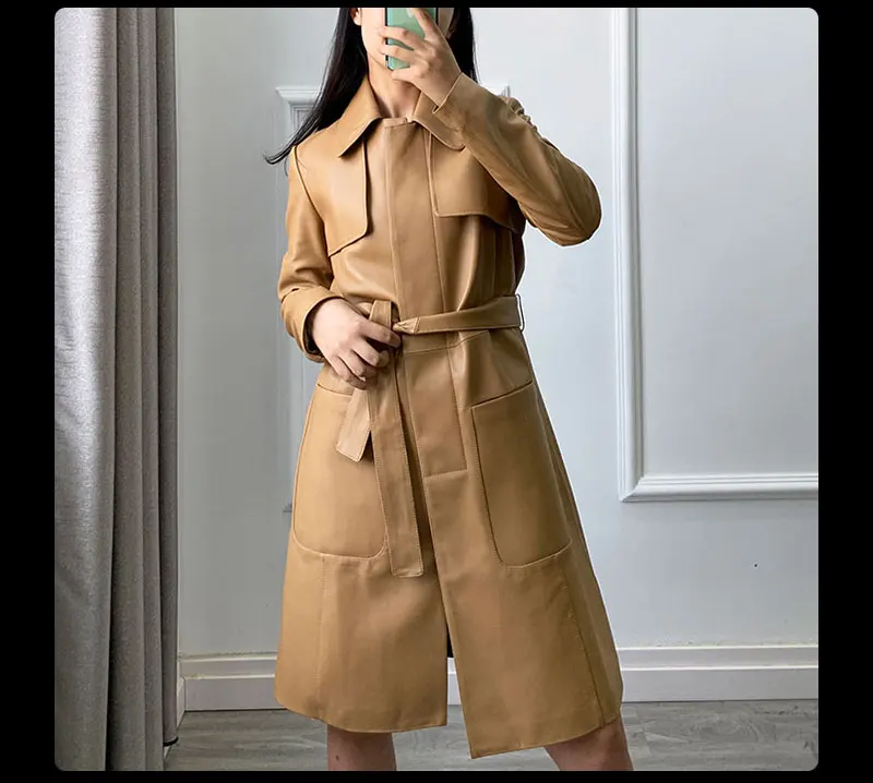 Novmoop Office lady slim black khika sheepskin genuine leather jacket women coat with big pocket sashes chaqueta muje LT2821
