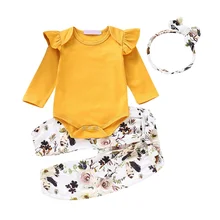 На осень для маленьких девочек длинными расклешенными рукавами комбинезон топы Цветочный принт брюки повязка на голову, одежда