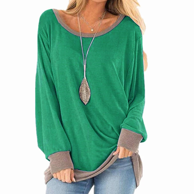 Футболки с длинным рукавом в стиле пэчворк Повседневные пуловеры с круглым вырезом свободного размера плюс женские топы Осень Зима базовые рубашки с капюшоном LX194 - Цвет: Green