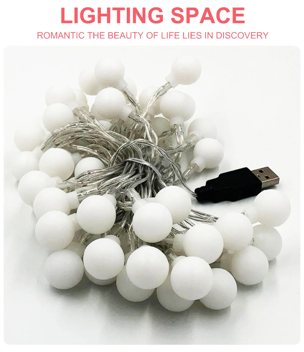 Светодиодный светильник с белым шаром, 5 м, 5 В, праздничное украшение, Праздничные рождественские огни, наружное освещение, светодиодный светильник