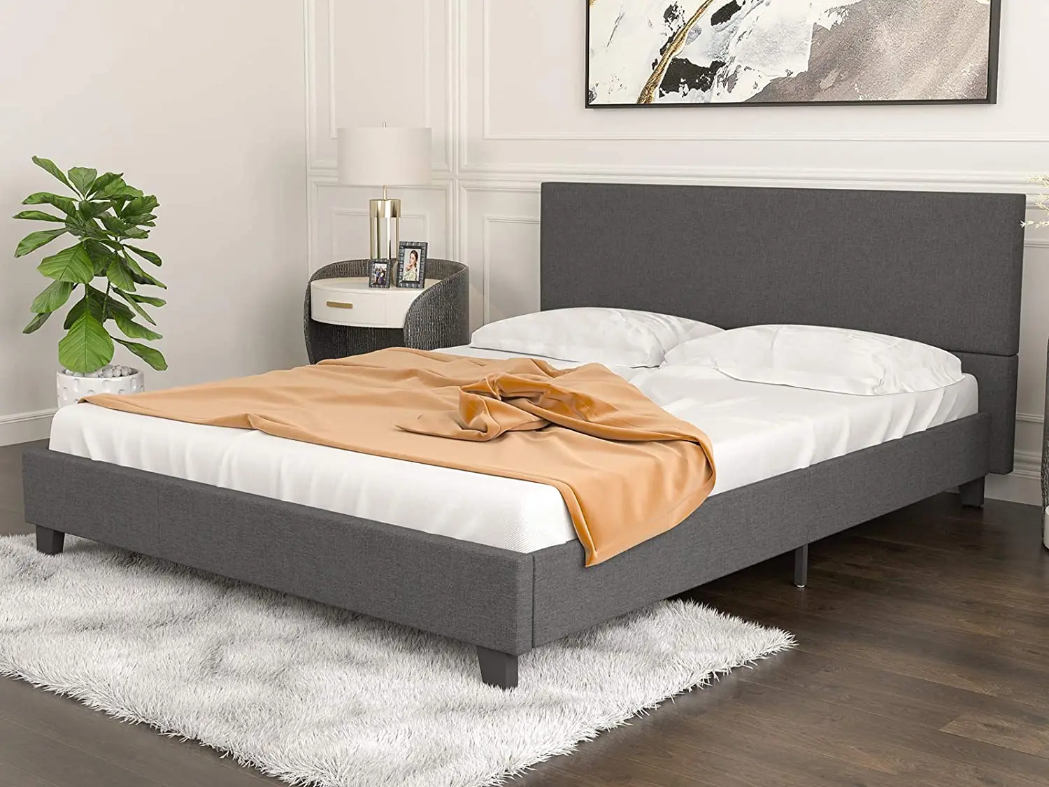 Queen Size Linen Platform Bed Frame Sturdy Wooden Slats Support Light Grey 