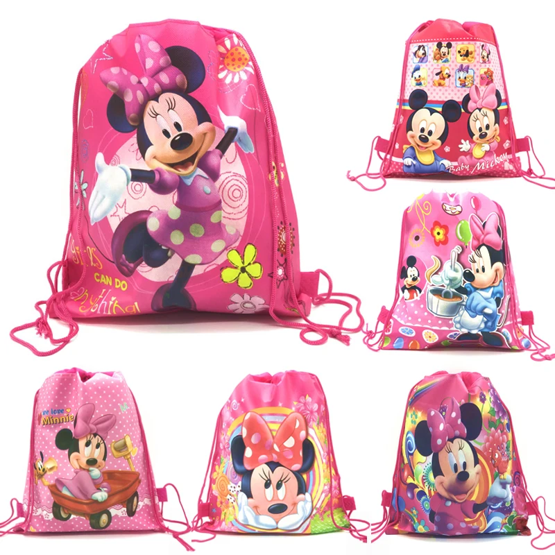 Bolsa con cordón de Minnie Mouse para fiesta, mochila escolar de viaje para  niña, bolsa de regalo no tejida, suministros para cumpleaños y Baby Shower,  1 unidad|Envoltorios y bolsas de regalo| -