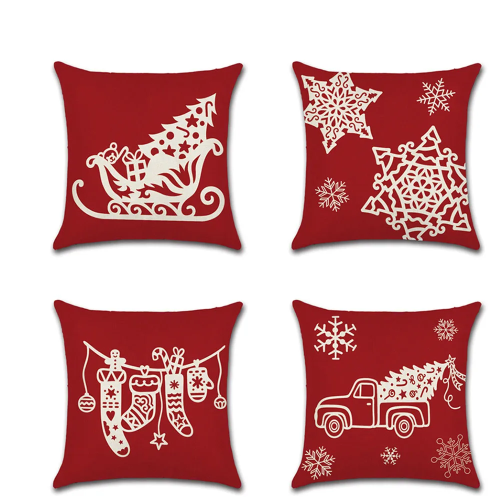 

New Christmas Day Linen Cushion Cover Decorative Sled Car Snowflake Christmas Tree Pillowcase 45*45cm