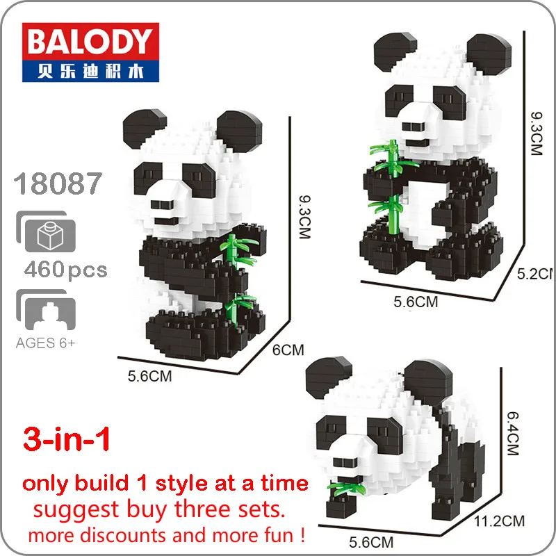 Balody 18087 3-в-1 с мультипликационным принтом «панда», животное бамбуковое 3D модель DIY Алмазная Микро Мини создания небольших конструкторных блоков, Детские Ассамблеи Игрушка без коробки
