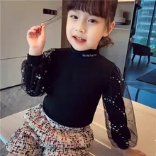 

Girls Puff Sleeve Bottoming Shirt Baby New Mesh Long-Sleeved White T-shirt Autumn Clothing Outer Top 2-6T