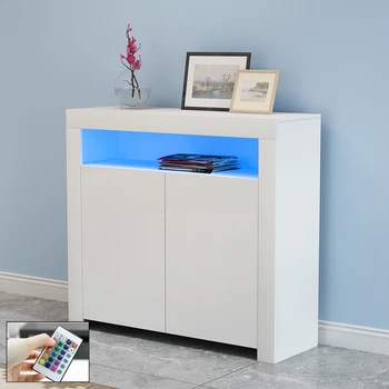 

Two High Gloss Doors Sideboard Storage Cabinet with RGB Multicolor LED Lighting Livingroom Display Furnitures