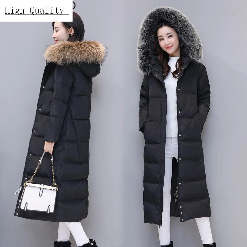 

Thick Warm Women's Down Jacket with Large Fox Fur Hooded Korean Winter Duck Down Coat Male Ladies Long Coat Hiver LAN1011