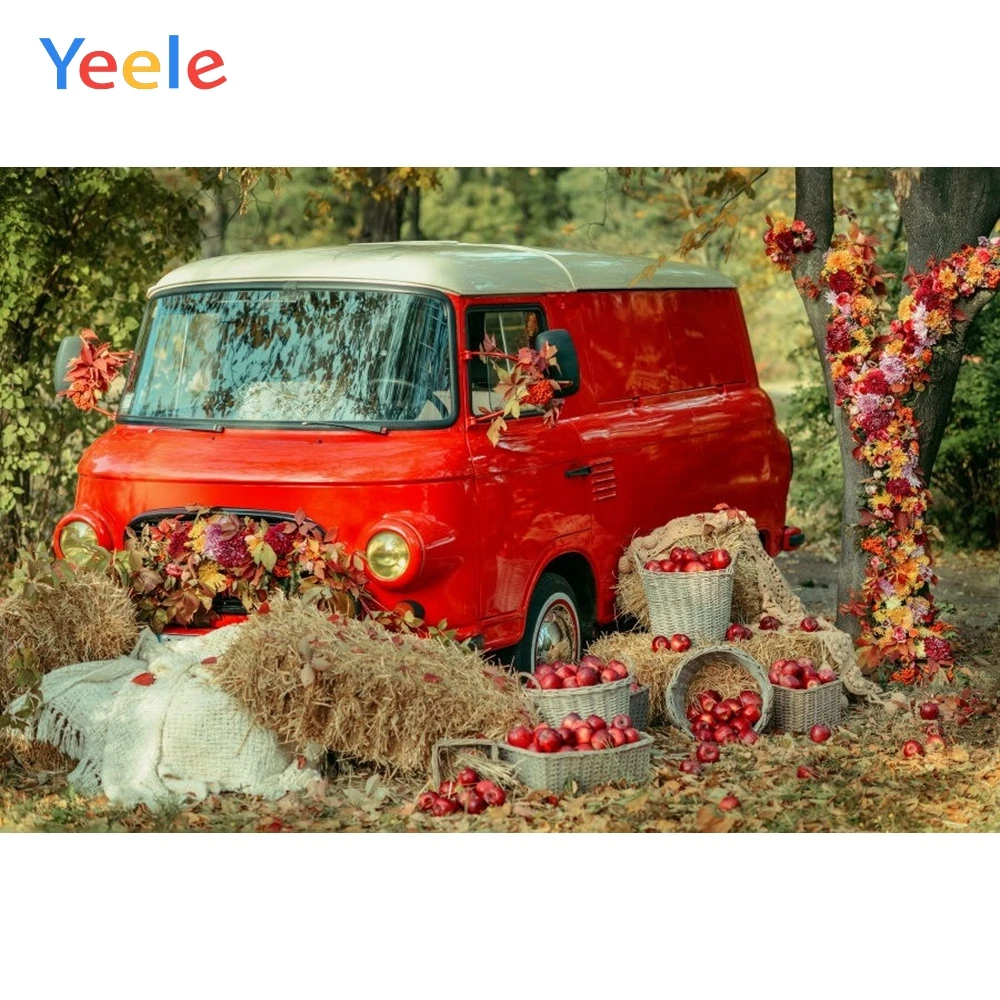 

Autumn Farm Thanksgiving Backdrop Countryside Harvest Red Car Hay Baby Shower Background For Photo studio Photocall Photophone