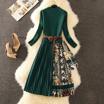 

Autumn Winter High quality Elegant Sweater Dress Knitted Long Sleeve Women Dress printing Pleated Patchwork Office work Dress