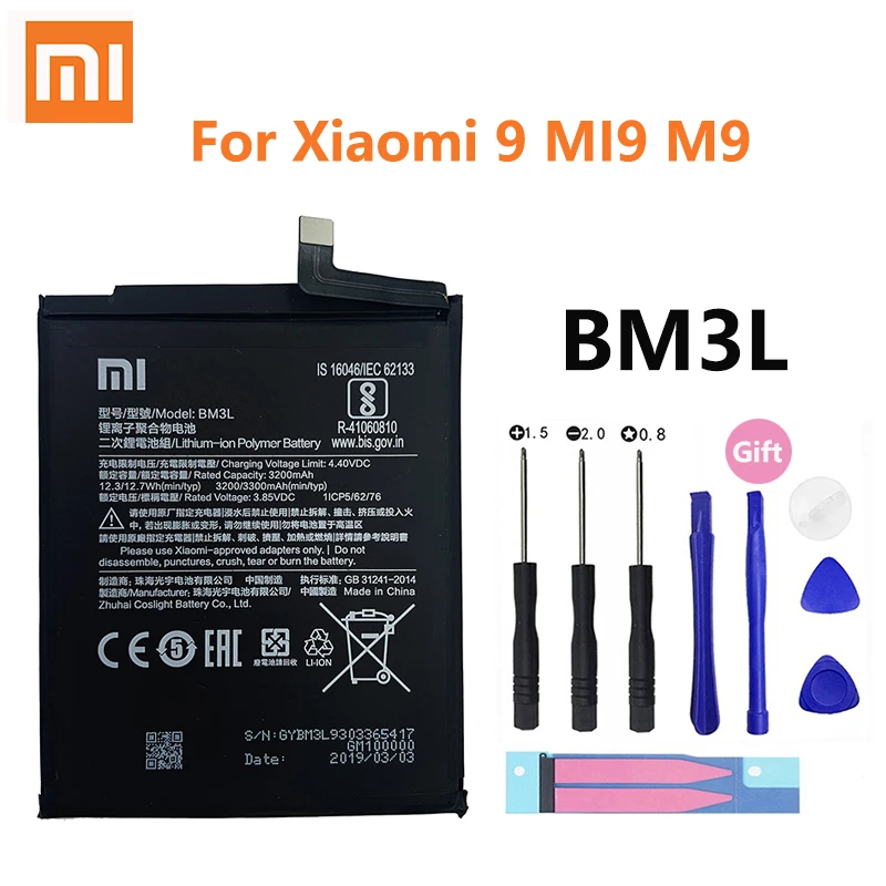 

Original Xiao mi Replacement Battery For Xiaomi 9 MI9 M9 MI 9 Xiaomi9 BM3L Genuine Phone Battery 3300mAh Free Tools