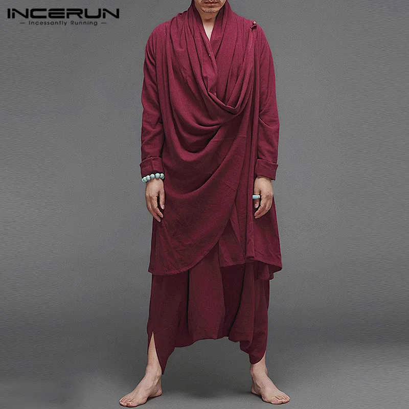 Mens Suits Coats Drop-Crotch-Pants Men-Sets Streetwear INCERUN Cloak Solid Cotton Turtleneck