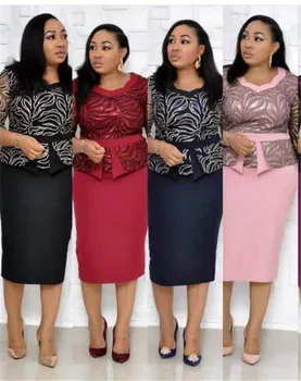 

Embroidered Tea Length Sheath Dress with Belt