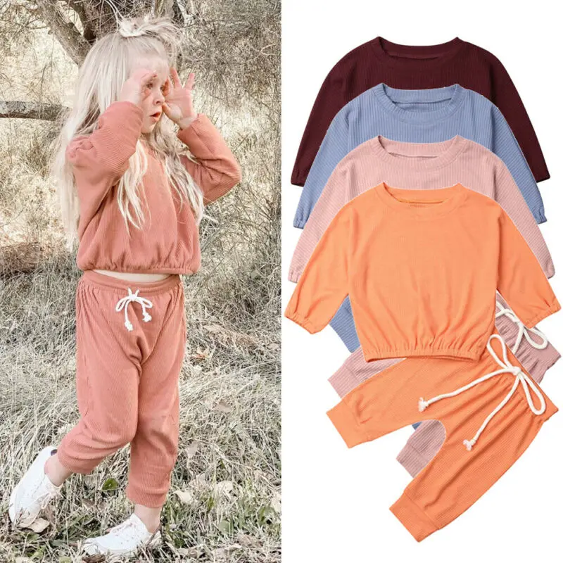 Осенний комплект одежды для новорожденных мальчиков и девочек от 0 до 24 месяцев, однотонная Мягкая футболка с длинными рукавами и штаны вязаные детские костюмы