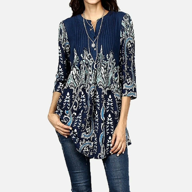  Spring Tunic Printed Women's Shirt Blouse 3/4 Sleeves Pleated Tops and Blouses Womens 2019 Summer F