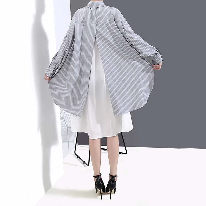 [EAM] женское Полосатое платье-рубашка большого размера, новинка, воротник с отворотом, длинный рукав, свободный крой, модный стиль, весна-осень, 1A882
