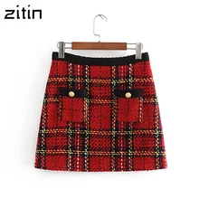 Винтажная стильная твидовая клетчатая мини юбка для женщин модная трапециевидная юбка с карманами и пуговицами на молнии сзади женские юбки Повседневные faldas mujer
