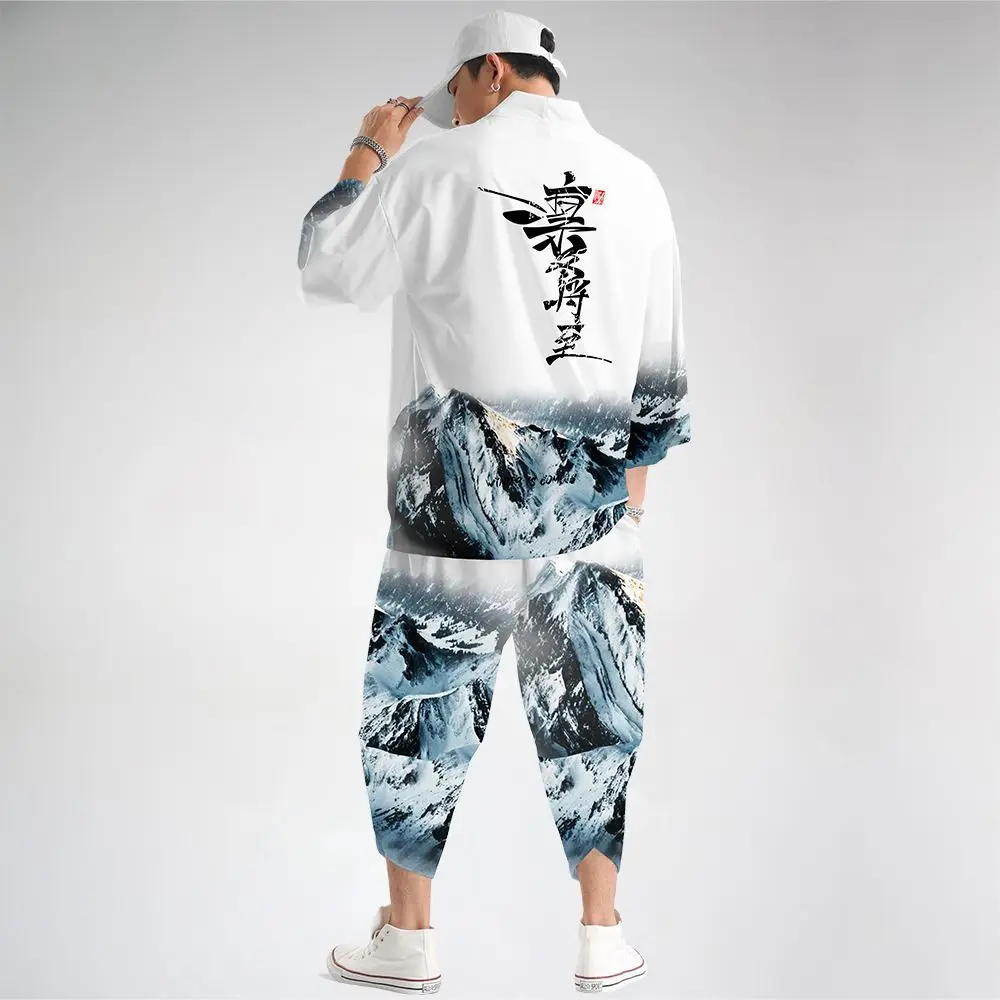Men Traditional Clothes Kimonos White Print Japanese Kimono Cardigan Shirt Blouse for Men Yukata Robe And Pant Set