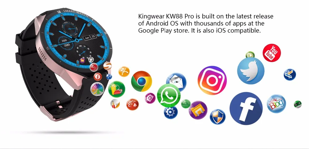 Kingwear Смарт часы KW88 pro Android 7,0 1 Гб оперативной памяти, 16 Гб встроенной памяти, gps Фитнес отслеживание сердечного ритма MP3/MP4 плеер Смарт-часы для мужчин женщин pk X200