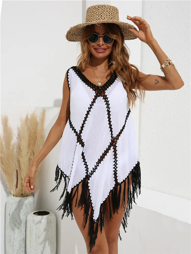 Sexy Crochet Beach Cover Up Fringe Tunic Swimsuit White Black Tunics for Woman 2021 Summer Women's Bikini Geometric Cover-ups bathing suit bottom cover up Cover-Ups