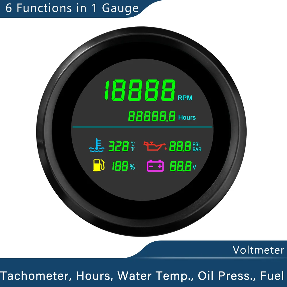 85mm Car Truck Motorbike Gauge LCD Digital Rev Counter 0-19999RPM Hours Fuel Level Volt Water Temp Oil Pressure Tachomete 12/24V