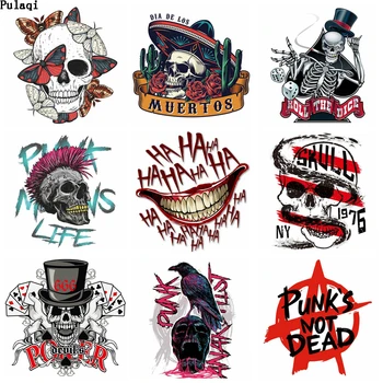 

Pulaqi Skull Punk Heat Transfer Vinyl Patches Iron on Transfer for Clothes Thermo Stickers Iron on Patches Applique Stripes DIY