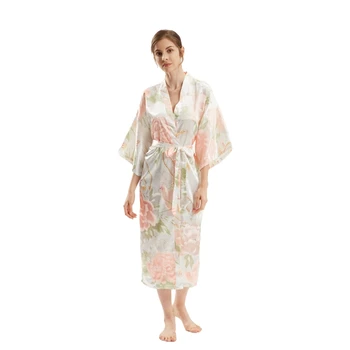 

Lady Long Sleepwear Silk Peony Sexy Lingerie Satin Comfortable Intimate Soft Bathrobe Kimono Casual Daily Nightwear Elegant
