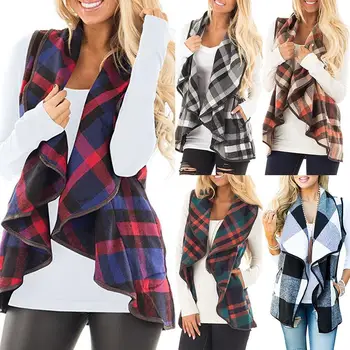 

2019 Autumn Women Plaid Vest Long Waistcoat Female Winter Warm Turndown Collar Jacket Cloak Womens sleeveless Cardigan Coat