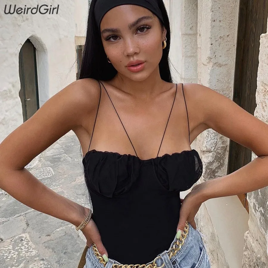 

weirdgirl women lace up sexy bodysuits retro black see through strapless sling slim female rompers party night club 2020 new