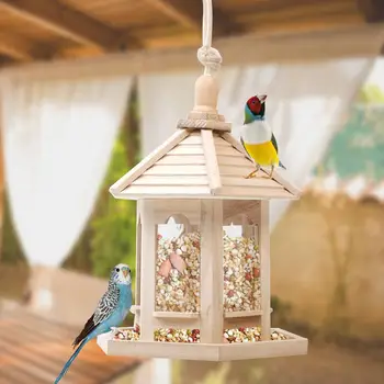 

Wooden Bird Feeder Hanging for Garden Yard Table Decoration Hexagon Shaped With Roof Suction Alimentador House Bird Feeder