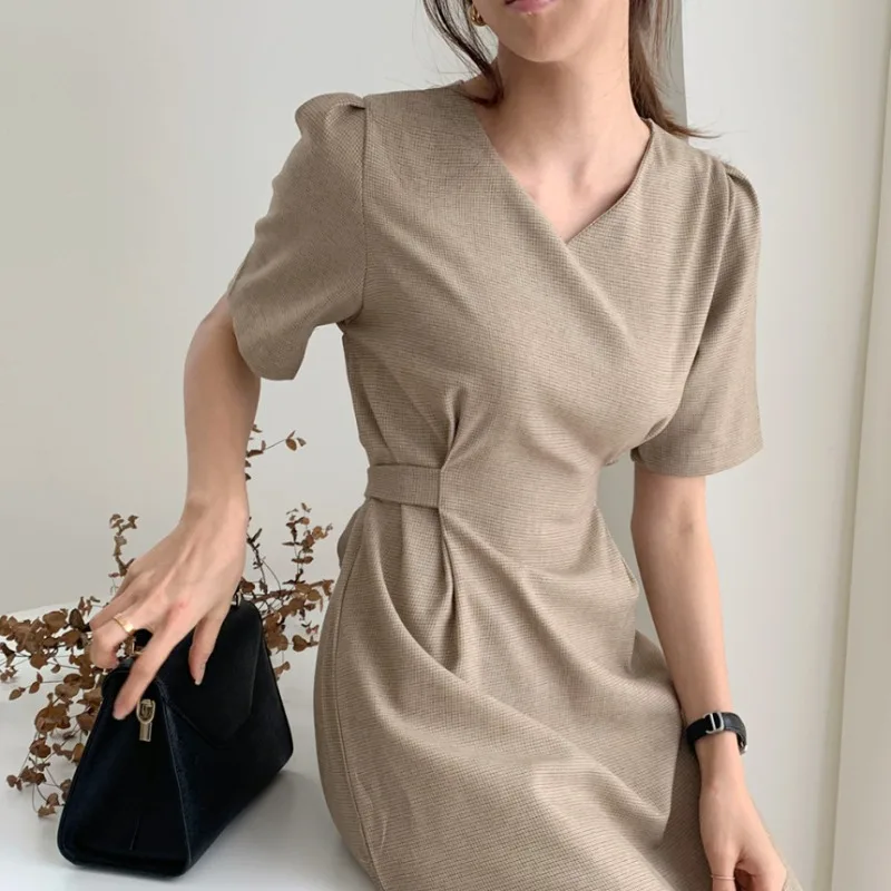 

Chic French Style V-Neck Office Lady Dress Women Lace-up Waist A-Line Long Dress Female Elegant Slim Waist Summer Good Quality