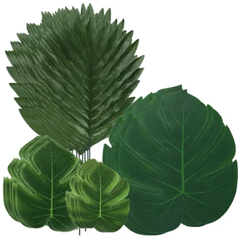 

48PCS Jungle Beach Theme Decorations Artificial Palm Leaves & Turtle Leaf Fern Plant with Stem for Hawaiian Party