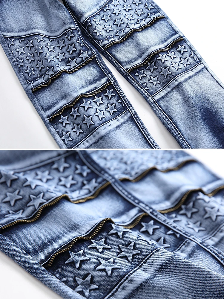 Pants for Men's Stars Embossed Tie and Dye Slim Fit Staight Jeans Plus Size Stretch Denim Full Length Zipper Fly Pants