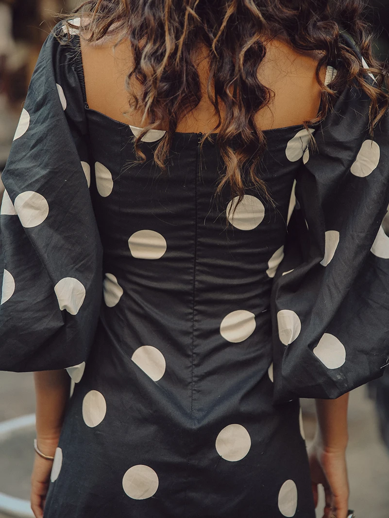 GETSPRING Women Dress V-Neck Flare Sleeve Dot Sexy Dresses Hollow Out Vintage Sexy Summer Dresses Women New Fashion Sexy