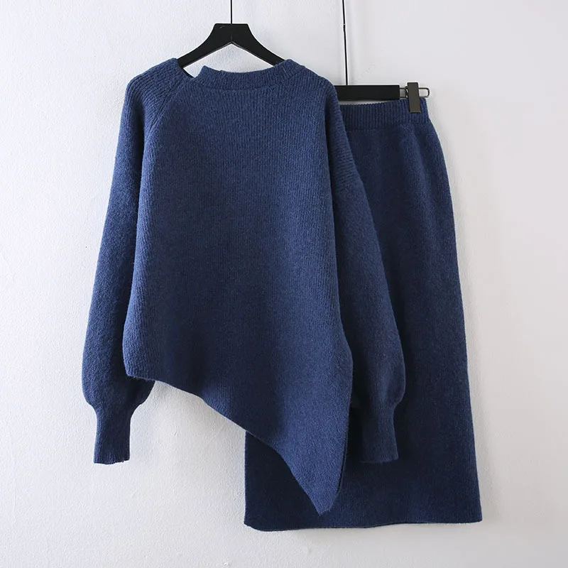 

Online Celebrity Irregular Sweater Two-Piece Set Long Skirt 2019 Korean-style Autumn And Winter Fashion Western Style Slimming K