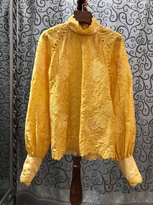 yellow Высокое качество, новинка, весна-лето, модные блузки для женщин, со стоячим воротником, по всей поверхности, изысканная вышивка, длинный рукав, шелковые, хлопковые рубашки - Цвет: yellow