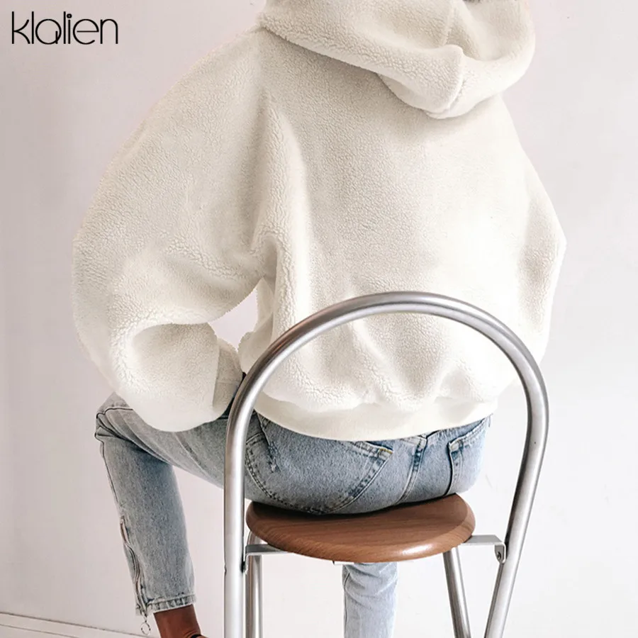 KLALIEN, женские толстовки с капюшоном из искусственного меха, повседневные, модные, теплые, толстые, Осень-зима, горячая Распродажа, свободная длинная одежда, одноцветная одежда, новинка