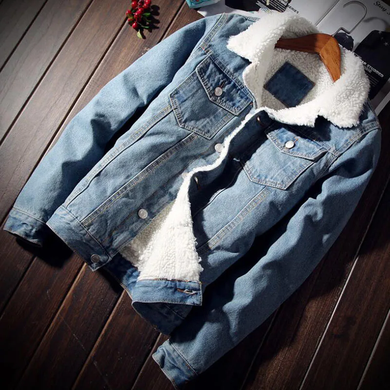 Зимняя джинсовая куртка мужская теплая утепленная флисовая меховая джинсовая куртка с воротником пальто мужские повседневные уличные ковбойские куртки в стиле хип-хоп Большие размеры 6XL - Цвет: 805 light blue