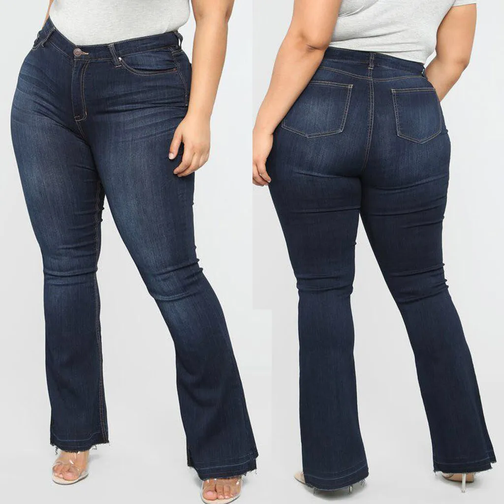 Fashion Mom Jeans Womens Solid Color Plus Size Pocket Button Zipper Jeans Denim Female Mid Waist Sexy Flares Pants For Women